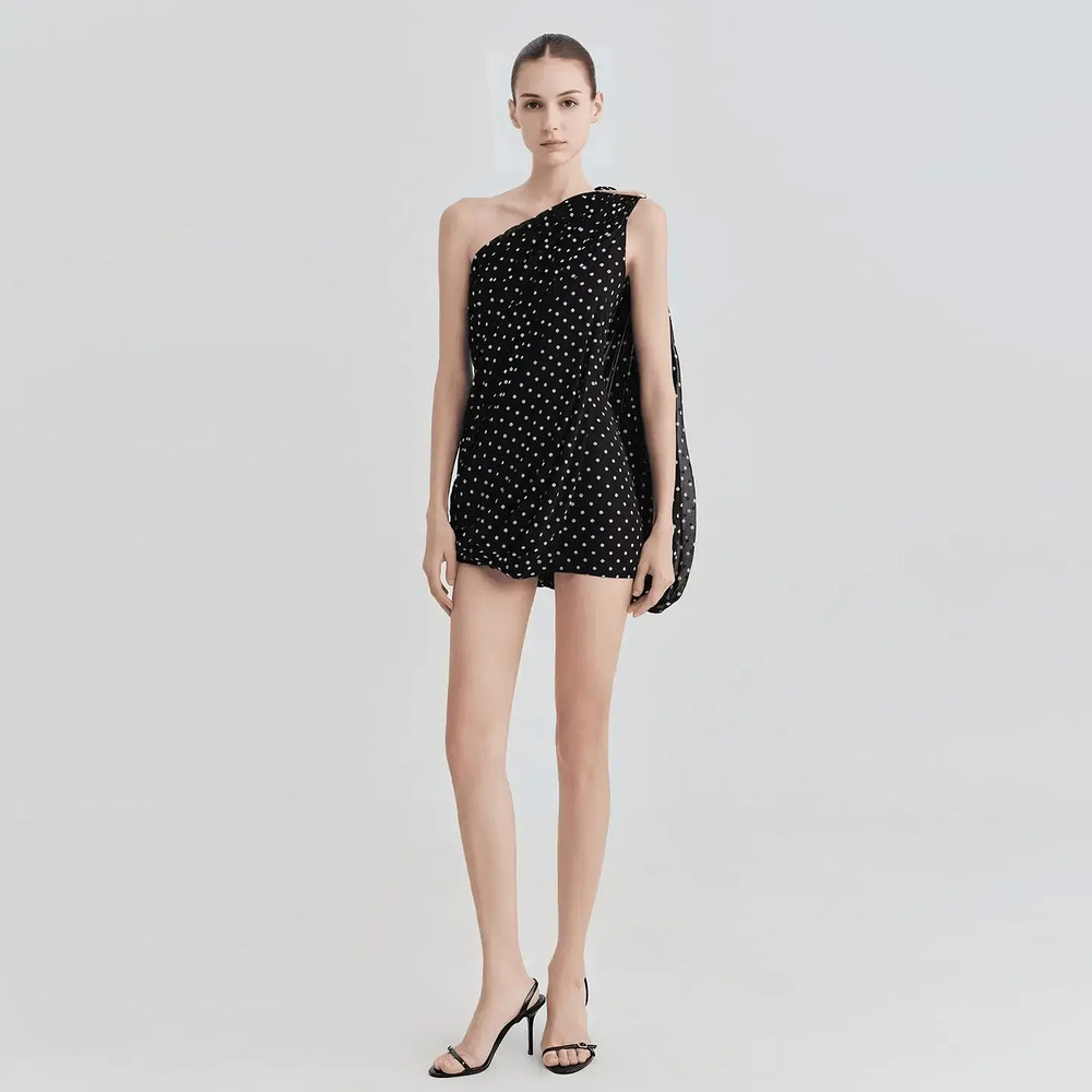 ZARA Summer French Retro Polka Dot One Shoulder Asymmetric Dress